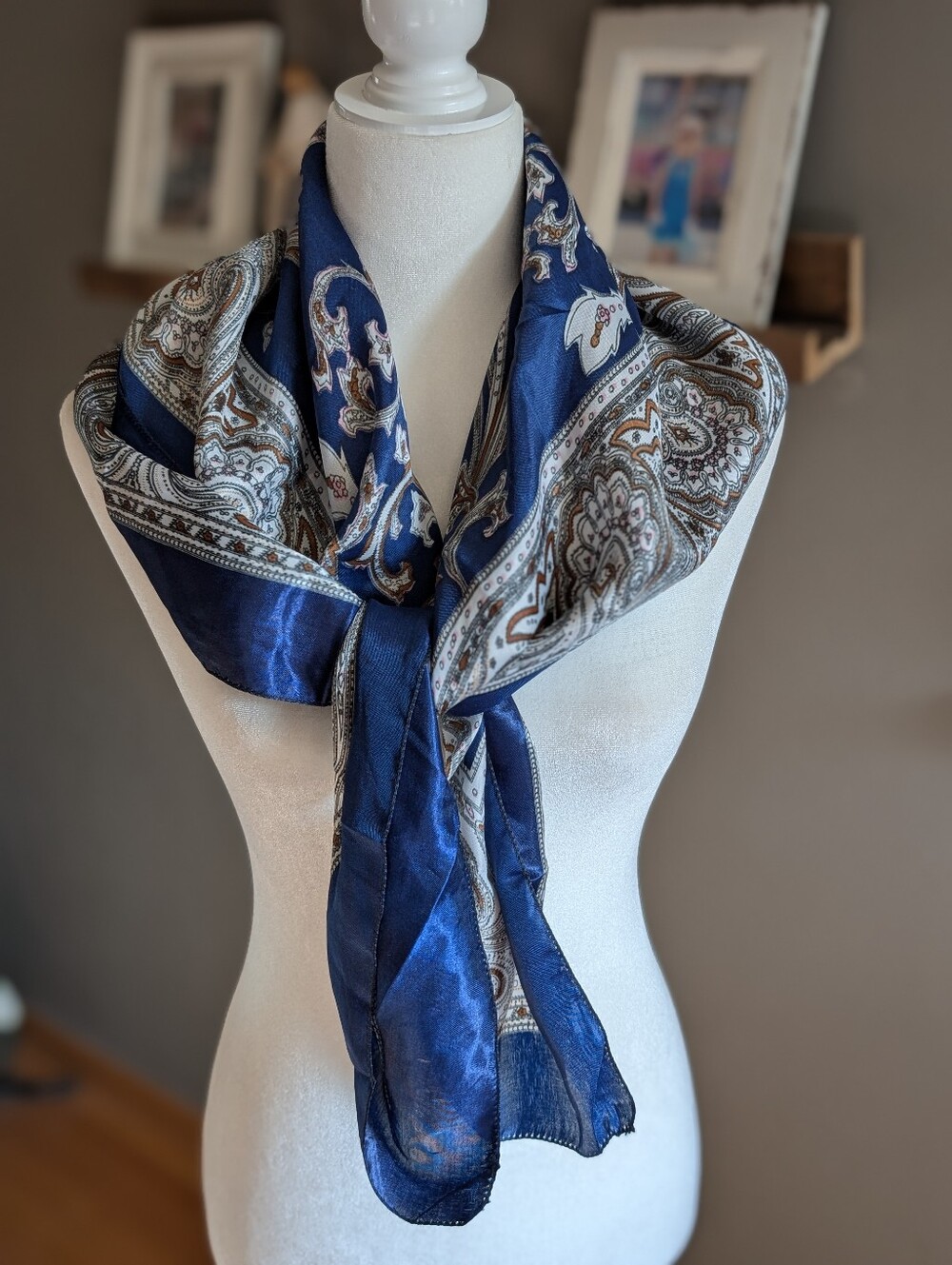 Large Navy Blue Paisley Square Scarf Silky Satin Y2K Bandana Boho Halter Top